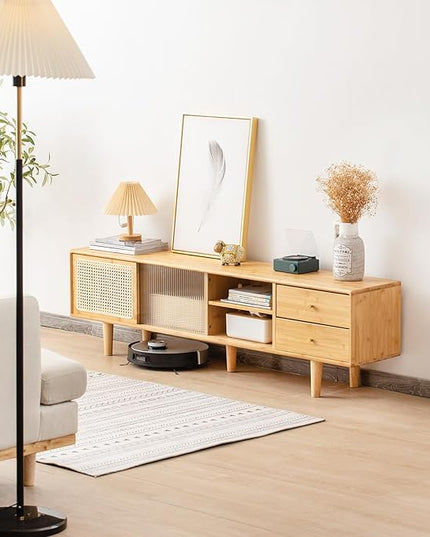 Tiita Rattan TV Stand for 55 60 Inch TV, Bamboo TV Cabinet with 2 Drawers, Boho Entertainment Center with Adjustable Shelf, Mid Century Modern Media Console for Bedroom, Living Room, Study - LeafyLoom