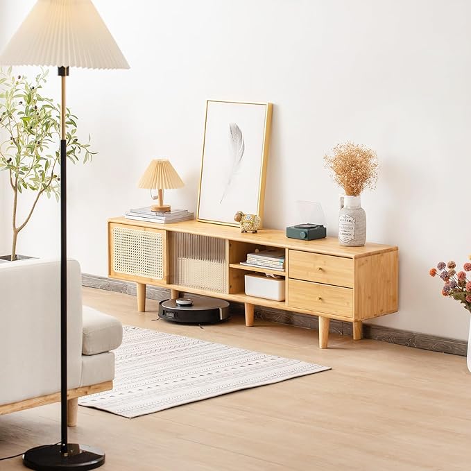 Tiita Rattan TV Stand for 55 60 Inch TV, Bamboo TV Cabinet with 2 Drawers, Boho Entertainment Center with Adjustable Shelf, Mid Century Modern Media Console for Bedroom, Living Room, Study - LeafyLoom