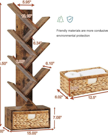 Vagusicc 6 Tier Tree Bookshelf, Modern Floor Standing Bookcase with Storage Drawer, Tall Wood Book Storage Rack for CDs/Books, Utility Book Organizer Shelves for Bedroom/Living Room/Home Office/Corner - LeafyLoom