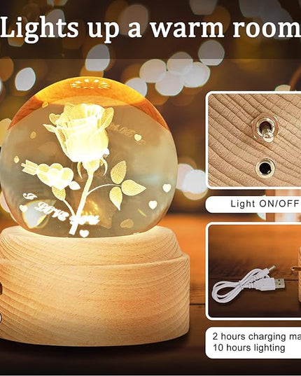 3D Crystal Ball Globe Rose Music Box with LED Night Light Lamp, Best Decor Gifts for Father Dad Husband Men Boyfriend Girlfriend Mom Women Wife Daughter Kids, Graduation Birthday Anniversary Wedding - LeafyLoom