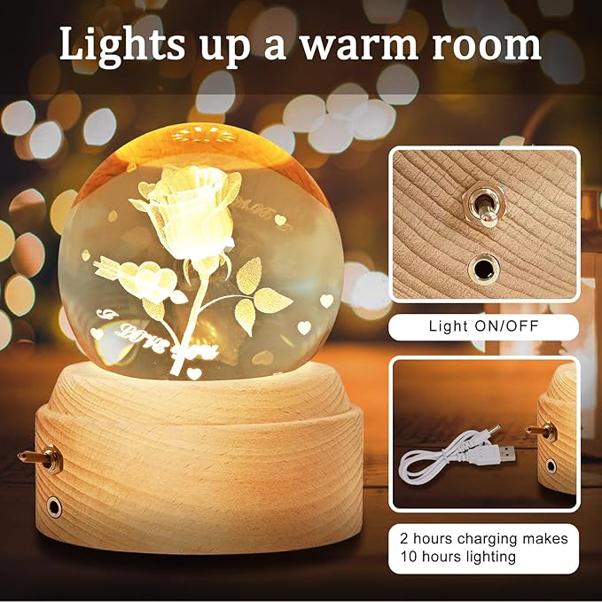 3D Crystal Ball Globe Rose Music Box with LED Night Light Lamp, Best Decor Gifts for Father Dad Husband Men Boyfriend Girlfriend Mom Women Wife Daughter Kids, Graduation Birthday Anniversary Wedding - LeafyLoom