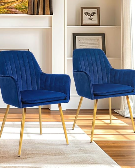 CangLong Furniture Modern Living Dining Room Accent Arm Chairs Club Guest with Gold Metal Legs, Set of 2, Navy Blue - LeafyLoom