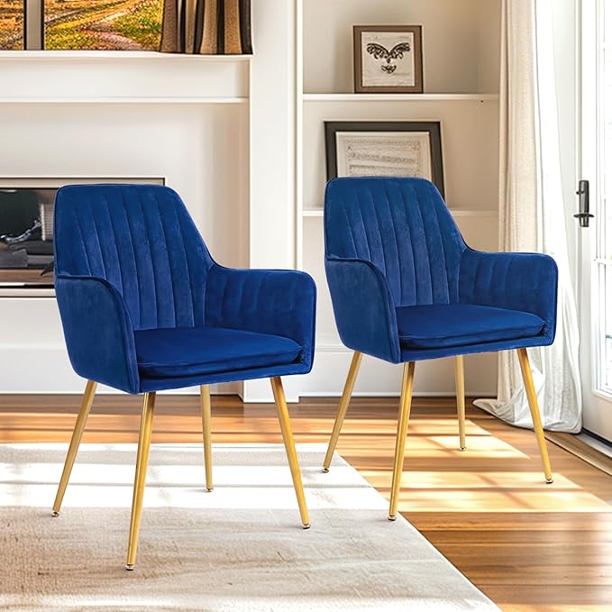 CangLong Furniture Modern Living Dining Room Accent Arm Chairs Club Guest with Gold Metal Legs, Set of 2, Navy Blue - LeafyLoom