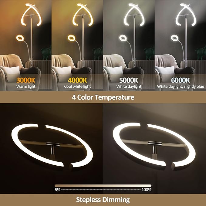 FIMEI Split Floor Lamp with Reading Light, Modern Bright LED Rotatable Standing Lamp with Stepless Dimming and 3000K-6000K Color for Living Room Bedroom Office, Touch and Remote Control, White - LeafyLoom