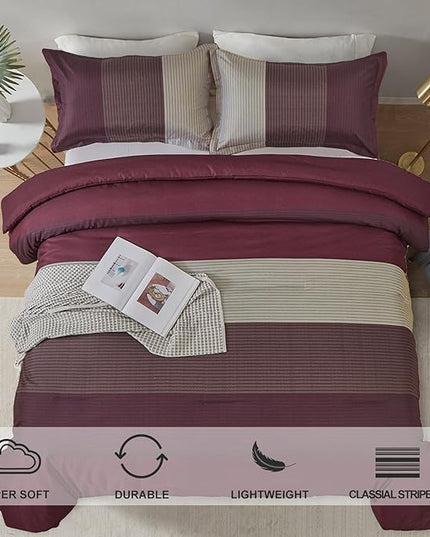 WONGS BEDDING Burgundy Comforter Set King, Reversible Burgundy Stripe Down Alternative Comforter for All Season,3 Pieces(1 Comforter+2 Pillowcases), Soft Microfiber Bedding Duvet Set 104”×90” - LeafyLoom