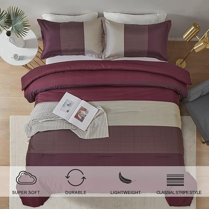 WONGS BEDDING Burgundy Comforter Set Queen, Reversible Burgundy Stripe Down Alternative Comforter for All Season,3 Pieces(1 Comforter+2 Pillowcases), Soft Microfiber Bedding Duvet Set 90”×90” - LeafyLoom