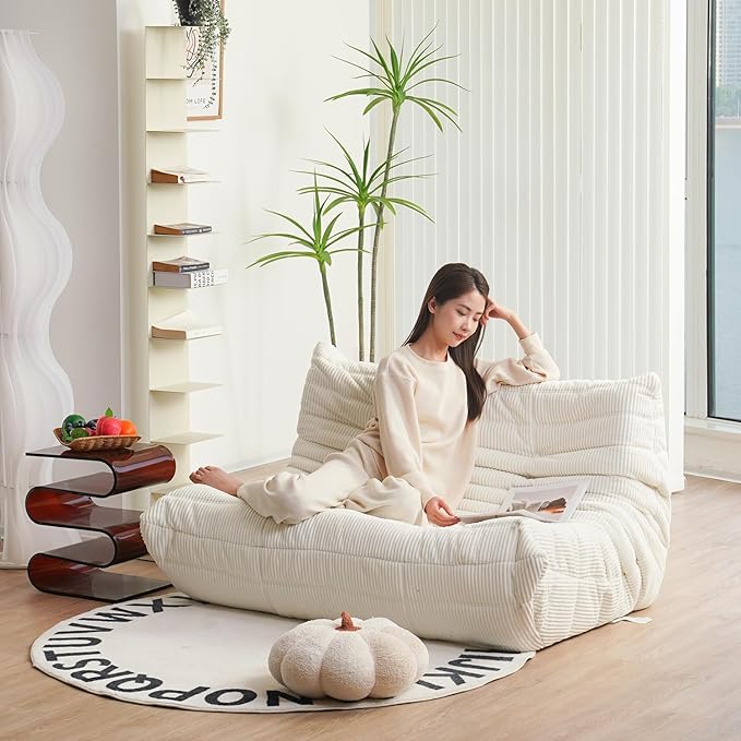 N&V Fireside Loveseat, Mid Century Armless Twin Size Floor Sofa, Soft Premium Corduroy Floor Lounge Chair, Foam Sofa Accent Chair for Living Room Bedroom and Office, Ivory - LeafyLoom