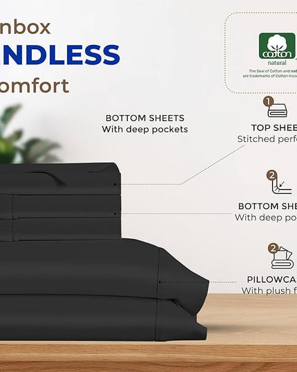 THREAD SPREAD 100% Egyptian Cotton Split King Sheets Sets for Adjustable Bed - 600 Thread Count 5 PC Top Split King Sheets, 16" Deep Pocket Soft Cooling Sheets for Split King Adjustable Bed - Black - LeafyLoom