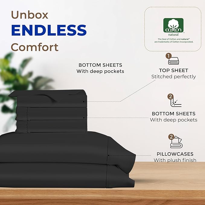 THREAD SPREAD 100% Egyptian Cotton Split King Sheets Sets for Adjustable Bed - 600 Thread Count 5 PC Top Split King Sheets, 16" Deep Pocket Soft Cooling Sheets for Split King Adjustable Bed - Black - LeafyLoom