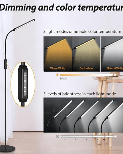 Bright LED Floor Lamp for Eyelash Extensions Adjustable Gooseneck Standing Eyelash Light Dimmable lash LED Lamp for Facial Spa Salon Makeup Reading Floor Lamp for Bedroom Office Black - LeafyLoom