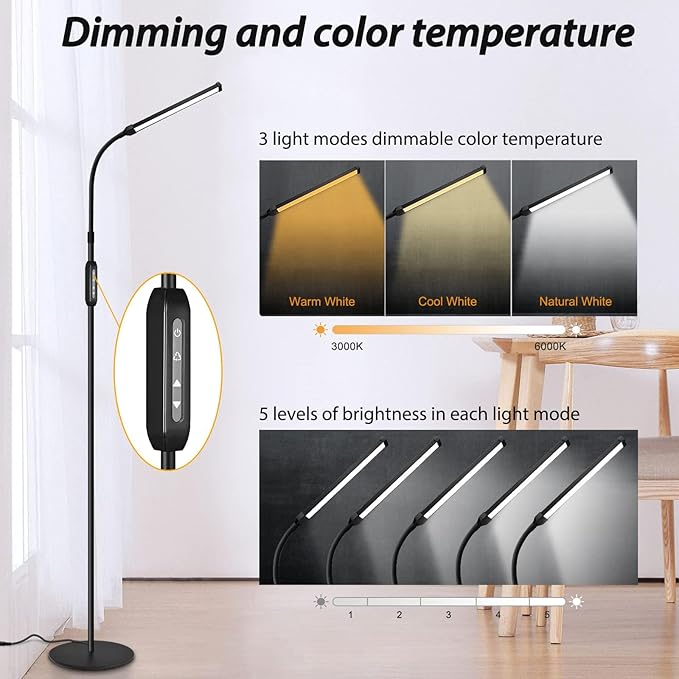 Bright LED Floor Lamp for Eyelash Extensions Adjustable Gooseneck Standing Eyelash Light Dimmable lash LED Lamp for Facial Spa Salon Makeup Reading Floor Lamp for Bedroom Office Black - LeafyLoom