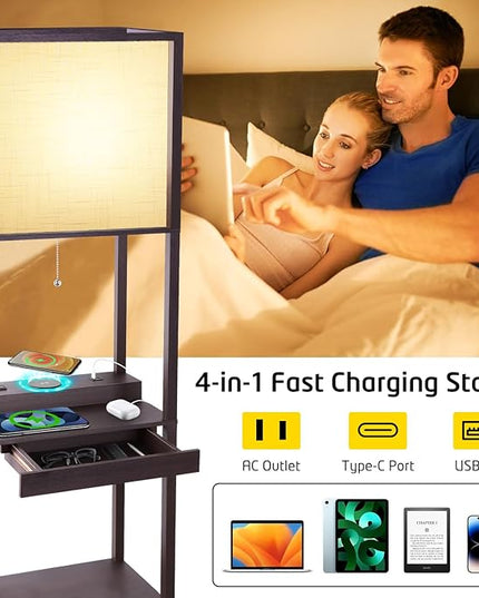 Floor Lamp with Shelves Plus, 4-Tier Wireless Charger Shelf Floor Lamp for Bedroom Living Room, USB and Type C Charging Ports 2 AC Power Outlets, 3CCT Color Selectable 15W Bulb(Walnut). - LeafyLoom