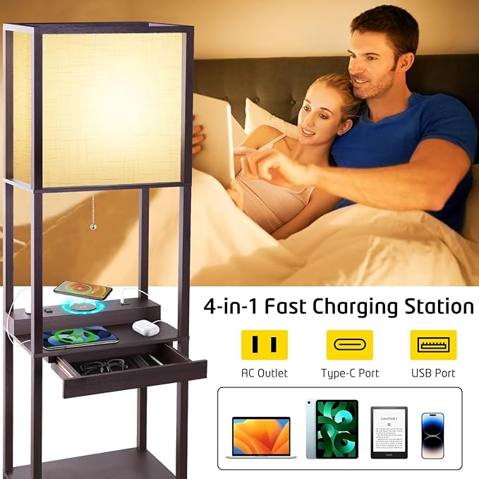 Floor Lamp with Shelves Plus, 4-Tier Wireless Charger Shelf Floor Lamp for Bedroom Living Room, USB and Type C Charging Ports 2 AC Power Outlets, 3CCT Color Selectable 15W Bulb(Walnut). - LeafyLoom