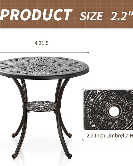 Cast Aluminum Patio Dining Set, Outdoor Bistro Set, 31.5"" Round Patio Table with Umbrella Hole, 2 Patio Chairs for Yard Porch Garden Balcony, Bronze 4 - LeafyLoom
