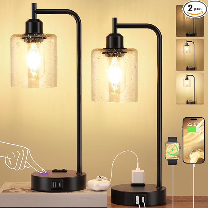 Industrial Touch Table Lamps for Bedrooms Set of 2 - 3-Way Dimmable Lamps with USB C+A Ports and Outlet, Black Bedside Lamps with Seeded Clear Glass Shade for Living Room, Desk Lamps for Home Office - LeafyLoom