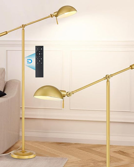 Gold Floor Lamp with Remote Control and Stepless Dimmable Color Temperature and Brightness Reading Standing Lamp with Adjustable Swing Arm for Living Room Bedroom Office, 9W Bulb Included - LeafyLoom