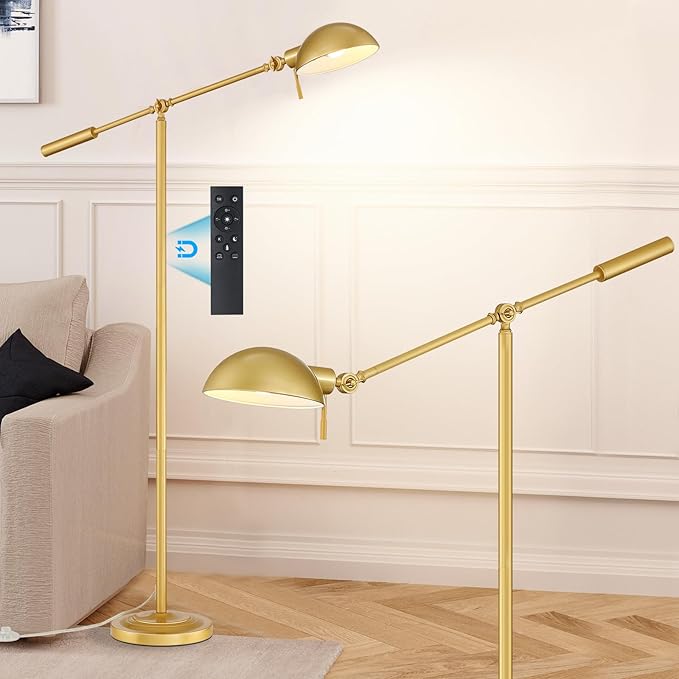 Gold Floor Lamp with Remote Control and Stepless Dimmable Color Temperature and Brightness Reading Standing Lamp with Adjustable Swing Arm for Living Room Bedroom Office, 9W Bulb Included - LeafyLoom