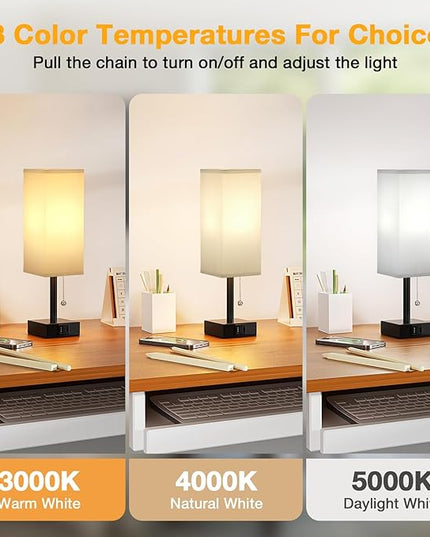 Gray Small Bedroom Lamp - 3 Color Temperature 3000K 5000K 4000K Bedside Lamp, Pull Chain Control, USB A and C Charging Ports, Black Base, for Kids Office Dorm, Bulb Included - LeafyLoom