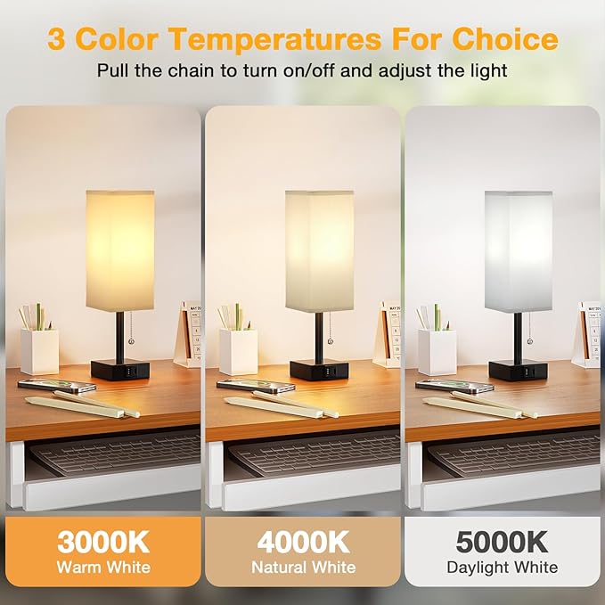 Gray Small Bedroom Lamp - 3 Color Temperature 3000K 5000K 4000K Bedside Lamp, Pull Chain Control, USB A and C Charging Ports, Black Base, for Kids Office Dorm, Bulb Included - LeafyLoom