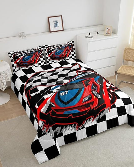 Red Race Car Bedding Set King Size Cool Racing Car Comforter Set Competition Extreme Sports Game Down Comforter for Kids Boys Girls Teens Bedroom Decor Plaid Pattern Duvet Insert with 2 Pillowcases - LeafyLoom