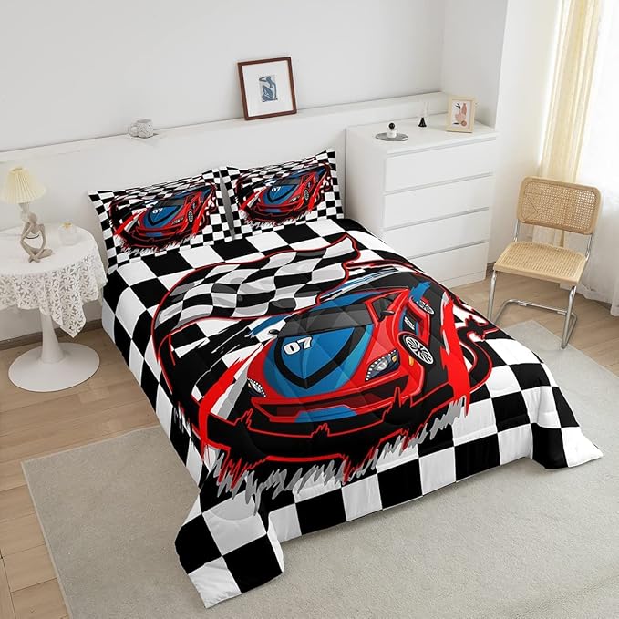 Red Race Car Bedding Set King Size Cool Racing Car Comforter Set Competition Extreme Sports Game Down Comforter for Kids Boys Girls Teens Bedroom Decor Plaid Pattern Duvet Insert with 2 Pillowcases - LeafyLoom