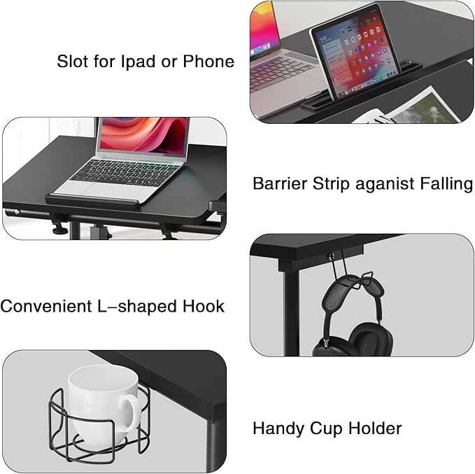 SDHYL 31.5 inches Movable Laptop Desk with Mouse Board Adjustable Height and Angle Anti-Slip Workstation Home Office Desk with Tablet Slot Portable Student Desk, Black - LeafyLoom
