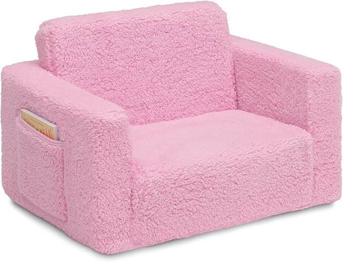 Delta Children Cozee Flip-Out Sherpa 2-in-1 Convertible Chair to Lounger for Kids, Pink - LeafyLoom