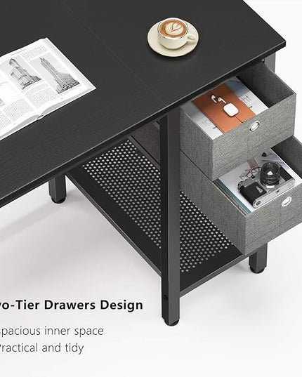 BANTI L-Shaped Computer Desk, Home Office Corner Desk with Non-Woven Drawer, Sturdy Writing Table, Space-Saving,Black - LeafyLoom
