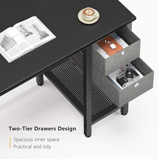 BANTI L-Shaped Computer Desk, Home Office Corner Desk with Non-Woven Drawer, Sturdy Writing Table, Space-Saving,Black - LeafyLoom