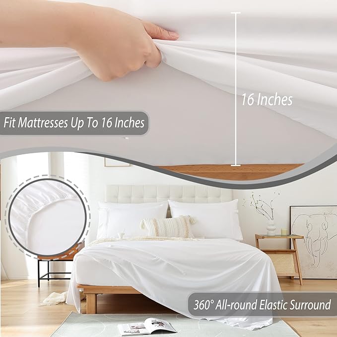 King Sheet Set - White Soft Breathable Bed Sheets for King Size Bed, Fit Deep Pocket Hotel Luxury Sheets, Silky Cooling Bedding Sheets and Pillowcases, Wrinkle Free Oeko-Tex Sheets 4 Piece - LeafyLoom