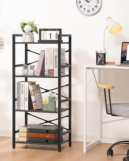 Yoobure 4 Tier Bookshelf - Small Book Shelf Industrial Bookcase, Narrow Book Case Book Storage Organizer for CD/Movie/Book, Bookshelves for Bedroom Office Living Room Charcoal Gray - LeafyLoom