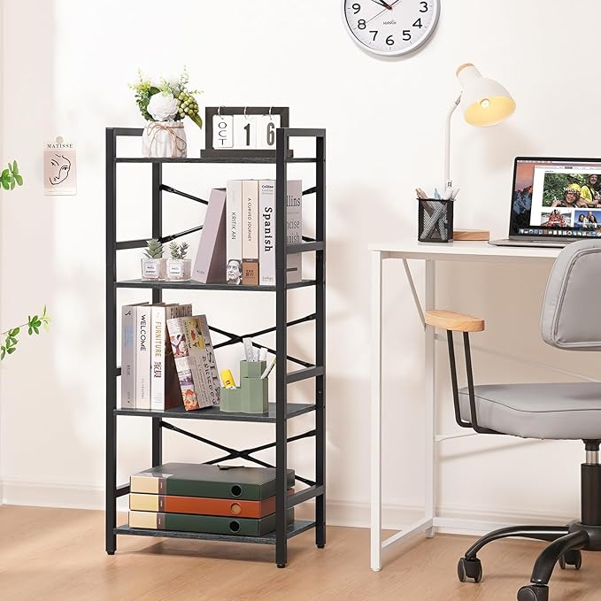 Yoobure 4 Tier Bookshelf - Small Book Shelf Industrial Bookcase, Narrow Book Case Book Storage Organizer for CD/Movie/Book, Bookshelves for Bedroom Office Living Room Charcoal Gray - LeafyLoom