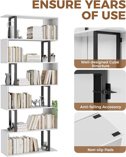 Gadroad 6 Tier Geometric Bookcase,S Shaped Bookshelf, Wood Decorative Storage Shelving, Modern Freestanding Display Shelves, Tall Book Shelf Unit for Living Room Bedroom, White - LeafyLoom