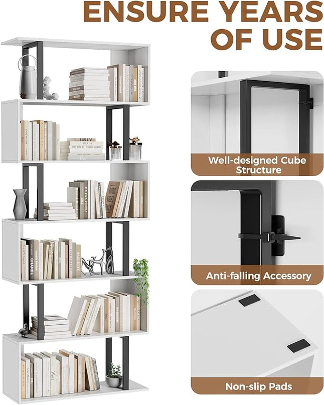 Gadroad 6 Tier Geometric Bookcase,S Shaped Bookshelf, Wood Decorative Storage Shelving, Modern Freestanding Display Shelves, Tall Book Shelf Unit for Living Room Bedroom, White - LeafyLoom