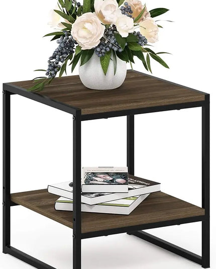 FURINNO Camnus Modern Living 2-Tier End Table, Columbia Walnut, 15.9 in x 15.75 in x 18 in - LeafyLoom