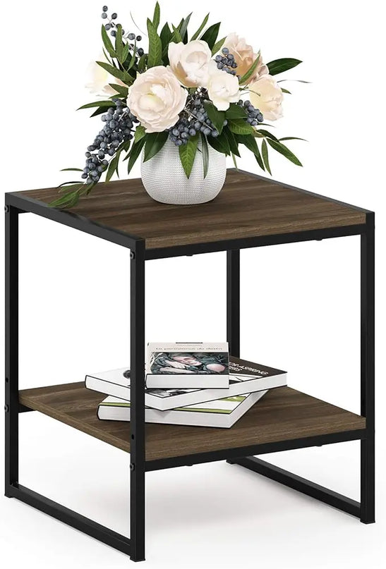 FURINNO Camnus Modern Living 2-Tier End Table, Columbia Walnut, 15.9 in x 15.75 in x 18 in - LeafyLoom