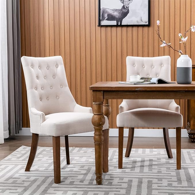 COLAMY Wingback Upholstered Dining Chairs Set of 2, Fabric Side Dining Room Chairs with Tufted Button, Living Room Chairs for Home Kitchen- Beige - LeafyLoom