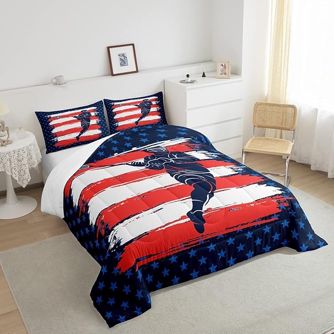 Feelyou Lacrosse Comforter Set Twin Size Boys Gilrs American Flag Sports Theme Bedding Set for Kids Adults Ultra Soft Lacrosse Player Games Comforter Navy Blue Duvet Set Room Decor Quilt Set - LeafyLoom