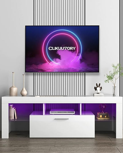 Clikuutory White LED TV Stand with Large Storage Drawer for 32 40 50 55 Inch TVs, Modern High gloss TV Console Table with Entertainment Center for Living Room, Bedroom, White - LeafyLoom