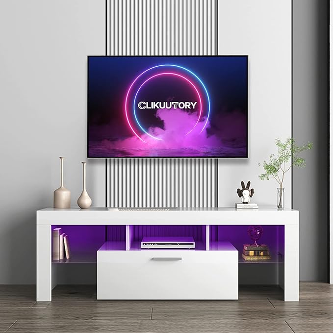 Clikuutory White LED TV Stand with Large Storage Drawer for 32 40 50 55 Inch TVs, Modern High gloss TV Console Table with Entertainment Center for Living Room, Bedroom, White - LeafyLoom