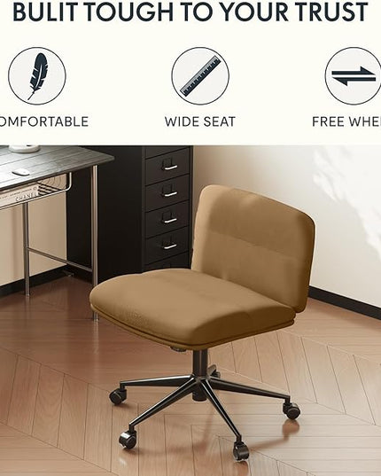 FLEXISPOT Cross Legged Office Chair for Vanity Desk Criss Cross Chair with Wheels Vanity Chair Armless Home Office Desk Chair Comfy Wide Seat Cushion(Coffee Brown) - LeafyLoom