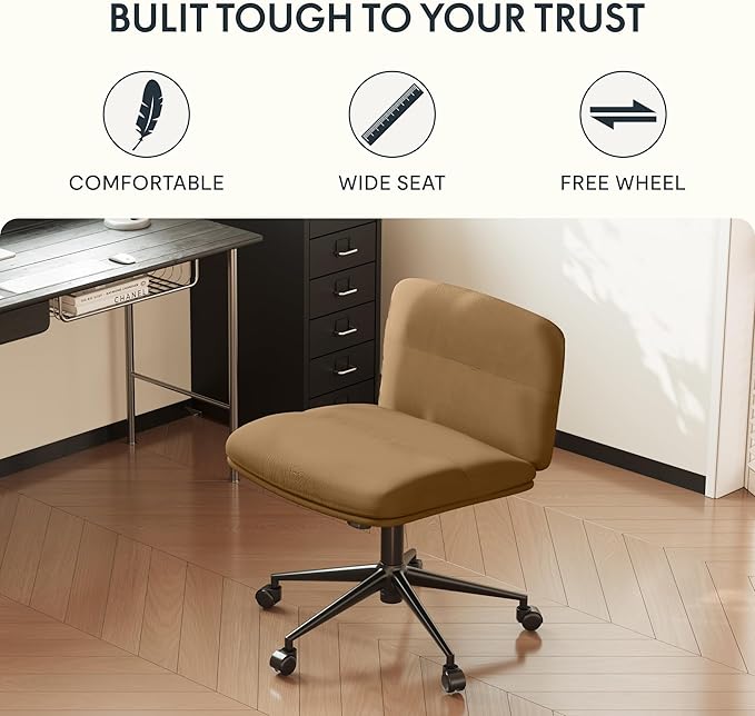 FLEXISPOT Cross Legged Office Chair for Vanity Desk Criss Cross Chair with Wheels Vanity Chair Armless Home Office Desk Chair Comfy Wide Seat Cushion(Coffee Brown) - LeafyLoom