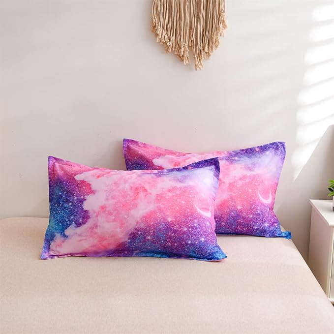 A Nice Night Galaxy Bedding Sets Outer Space Comforter 3D Printed Space Quilt Set Queen Size Glitter Pink Color,for Children Boy Girl Teen Kids - LeafyLoom