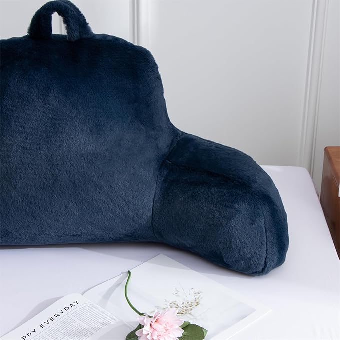 A Nice Night Faux Fur Soft Reading Pillow Bed Wedge Adult Backrest with Arms Back Support for Sitting Up in Bed/Couch for Bedrest,Navy,Large - LeafyLoom