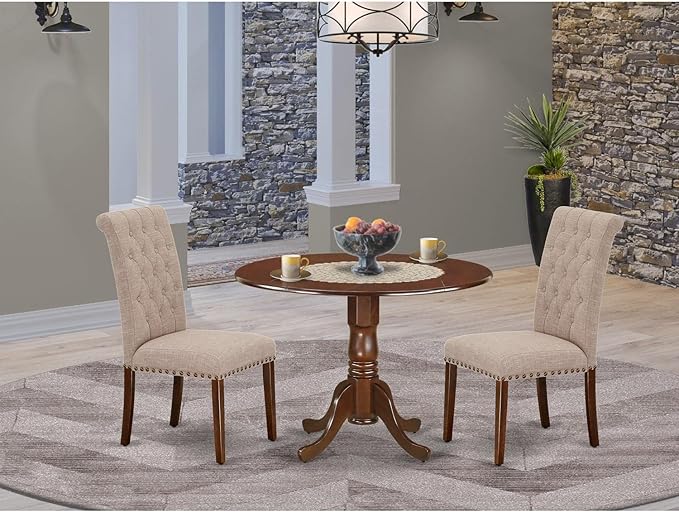 East West Furniture DLBR3-MAH-04 3 Piece Dining Room Furniture Set Contains a Round Dining Table with Dropleaf and 2 Light Tan Linen Fabric Parsons Chairs, 42x42 Inch, Mahogany - LeafyLoom