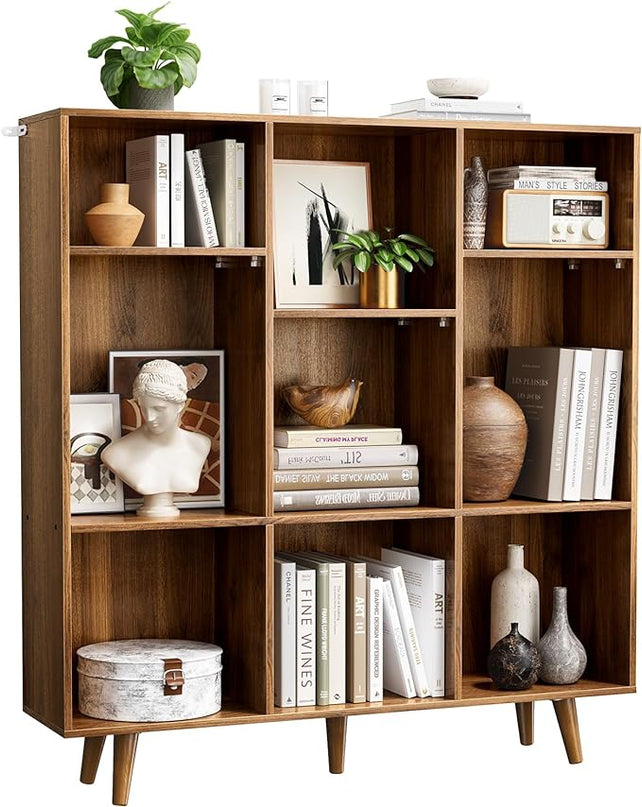 Pipishell 9-Cube Bookshelf, Bookcase with 3 Height-Adjustable Shelves and Solid Legs, Cube Storage Shelf, Modern Freestanding Open Bookshelf for Living Room, Bedroom (Walnut) - LeafyLoom