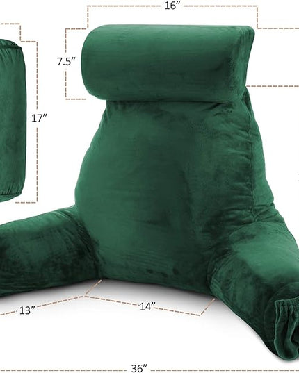 Clara Clark Reading Pillow, Large Back Pillow for Sitting Up in Bed, Memory Foam Back Support Pillow, Reading Pillows for Sitting in Bed Adult, Dark Green Sit Up Pillow for Bed with Arms and Pockets - LeafyLoom