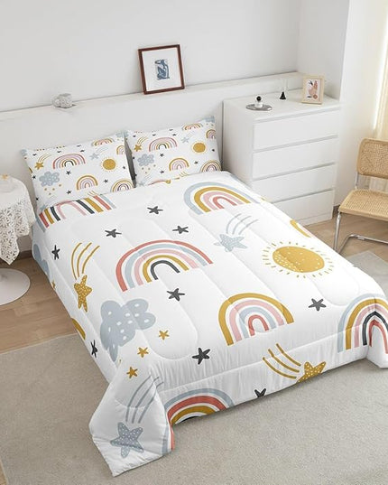 Erosebridal Girls Rainbow Bedding Set, Sun and Stars Comforter Set Twin Size for Kids Boys Children Cartoon Style Cloud Bedding Comforters Girly Soft Microfiber Duvet Insert for Bedroom Decor - LeafyLoom