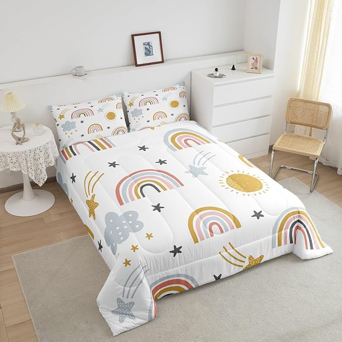 Erosebridal Girls Rainbow Bedding Set, Sun and Stars Comforter Set Twin Size for Kids Boys Children Cartoon Style Cloud Bedding Comforters Girly Soft Microfiber Duvet Insert for Bedroom Decor - LeafyLoom
