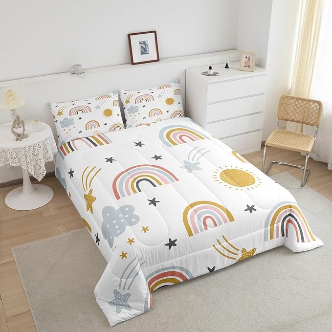 Rainbow Comforter Set for Girls, Sun and Stars Bedding Set King for Kids Boys Children Cartoon Cloud Bedding Comforters Girly Soft Microfiber Duvet Insert for Bedroom Decor, Rainbow Gifts For Kids - LeafyLoom